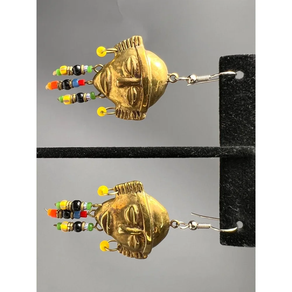 Hand Cast African Tribal Brass Mask Beaded Multicolor Dangle Earrings